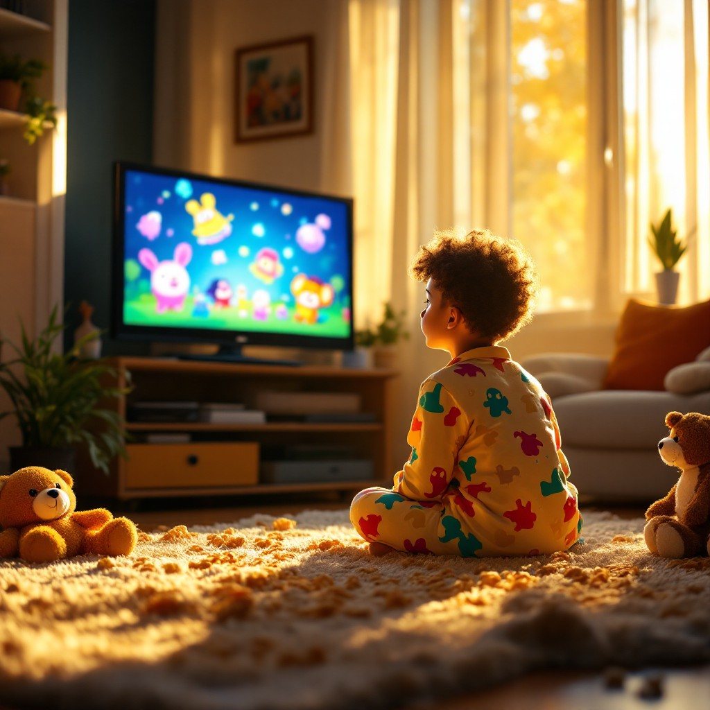 Pijamalı iki çocuk halıda çizgi film izliyor