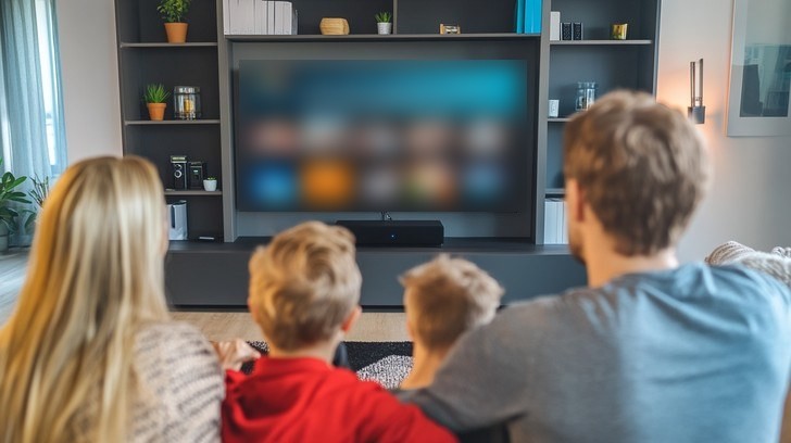 Salonda birlikte televizyon izleyen dört kişilik aile, arkadan görünüm